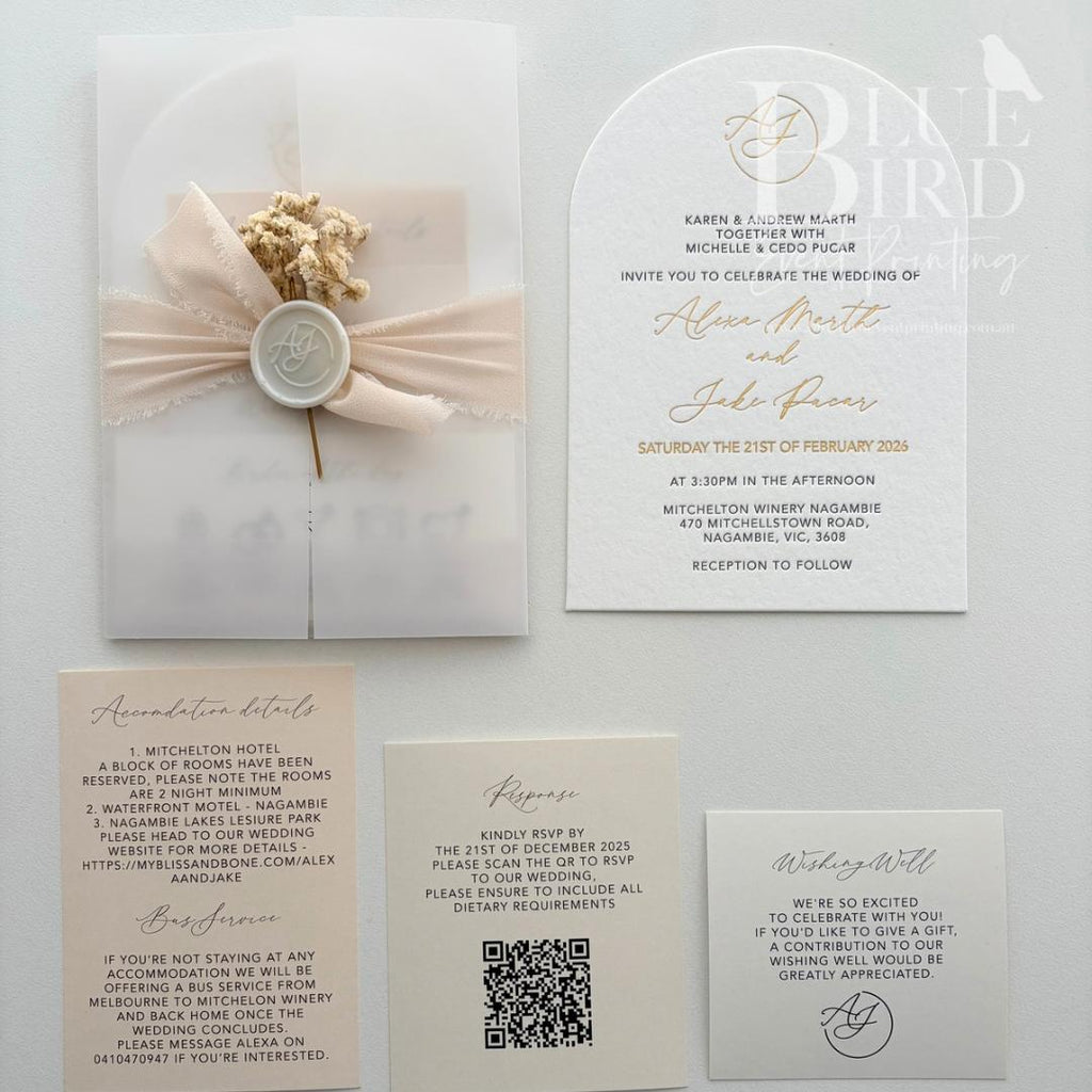 Alexa & Jake – Luxury Letterpress & Foil with Vellum Wrap Wedding Invitation Suite