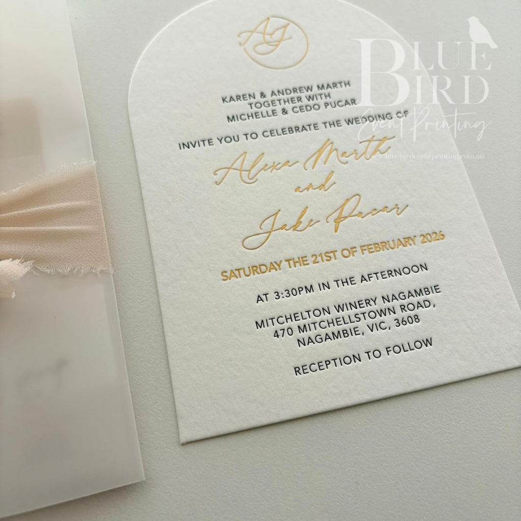 Alexa & Jake – Luxury Letterpress & Foil with Vellum Wrap Wedding Invitation Suite